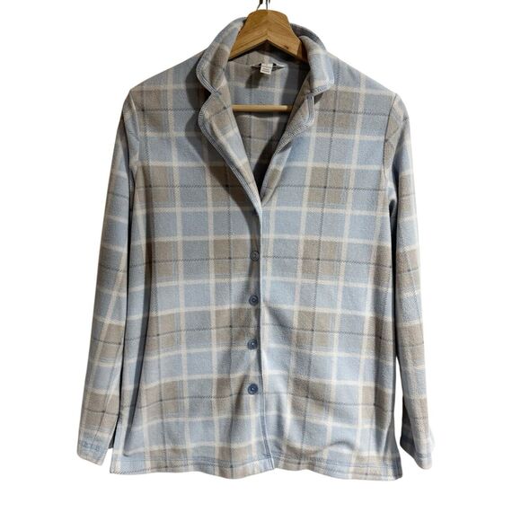 Charter Club Women Small 2 Piece Pajama Set Blue White Plaid Button Down Fleece - Picture 2 of 7